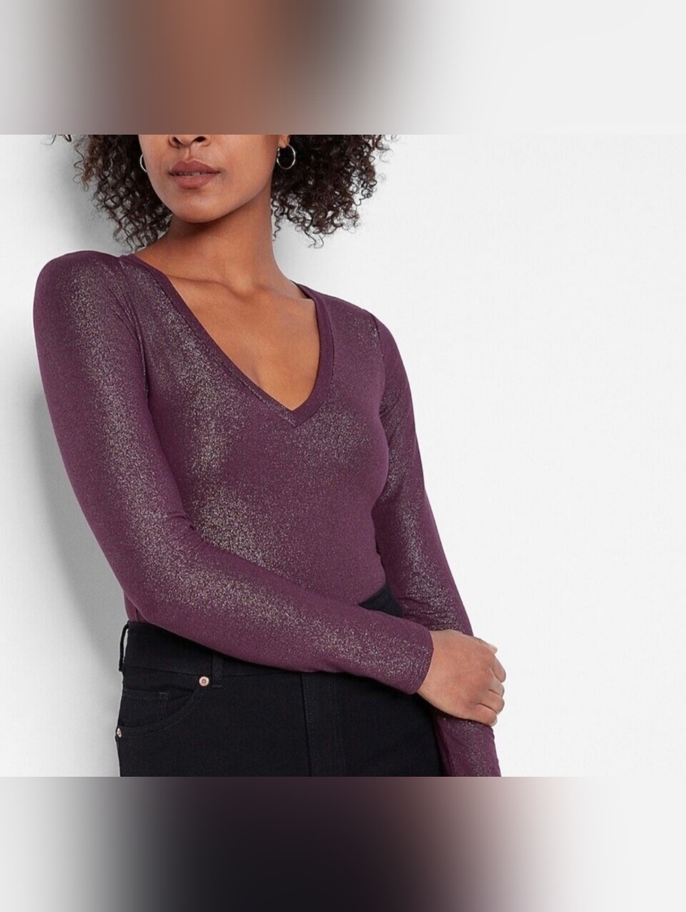 Women's Express Brand Metallic Fpil Fitted Plum V-Neck Long-Sleeve Top  Small
